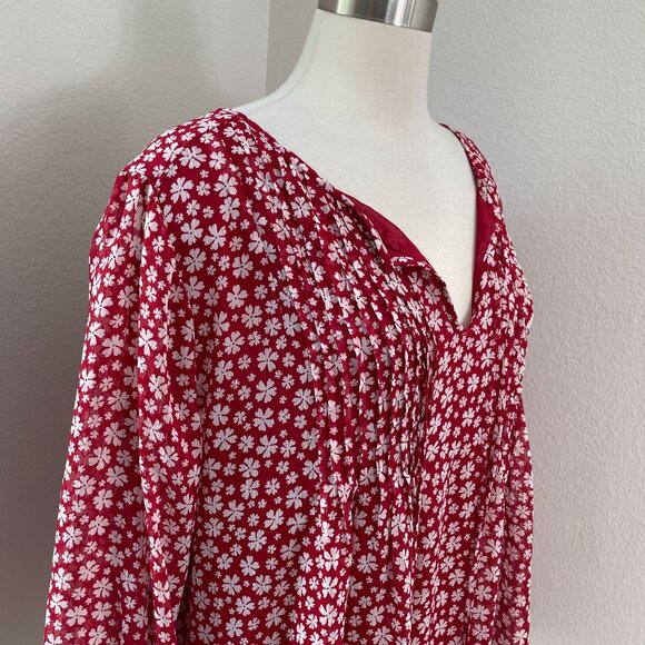 Tommy Hilfiger Womens Plus 2X Red Floral Blouse Long Sleeve Front Neck Tie Top - Picture 2 of 10